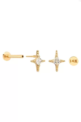 14k Solid Gold Cartilage Sunlight Star Pendant Internally Internal Threaded Flat Back Labret