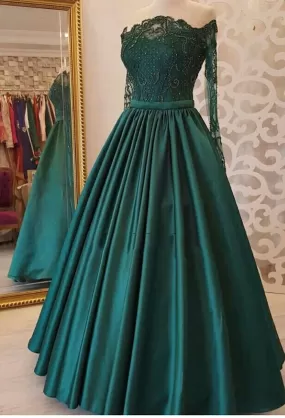 2024 A Line Dark Green Long Sleeves Off Shoulder Appliques Long Prom Dresses