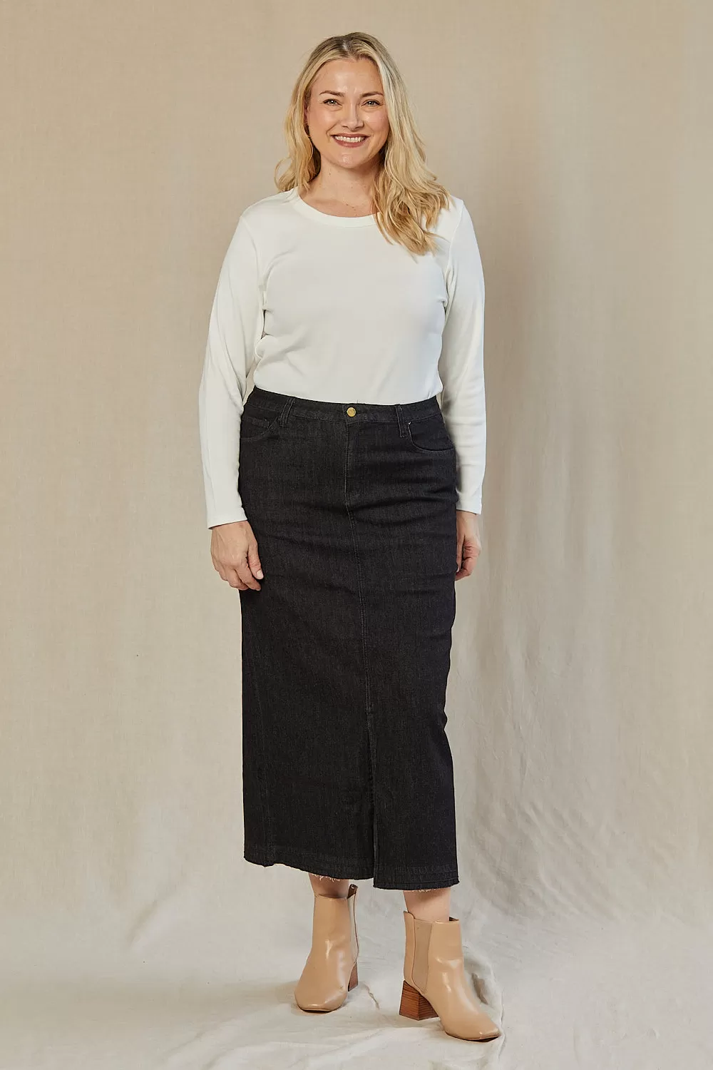 Adrift Denim Long Split Skirt in Black