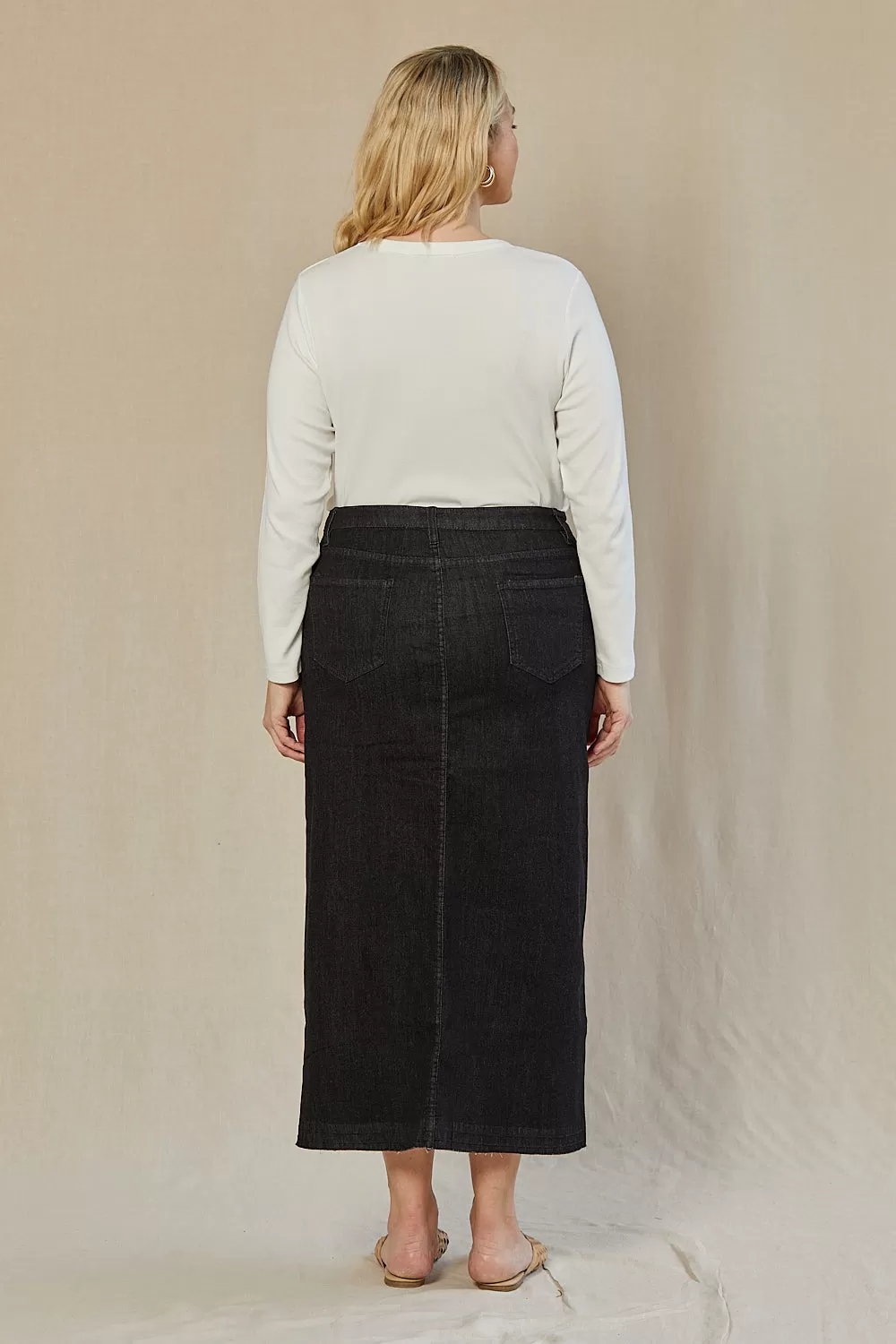 Adrift Denim Long Split Skirt in Black