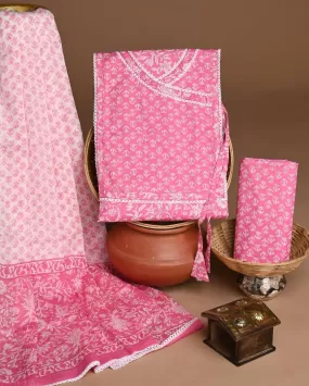 Baby Pink Angrakha Traditional Print Trending Cotton Suit Set