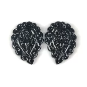 BLACK ONYX Gemstone LEAF Carving : 24.00cts Natural Onyx Hand Carved Small Size Indian Leaves 27*20mm Pair