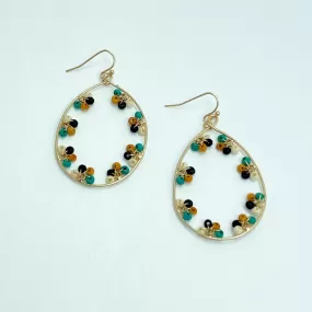 Cream Black Teal & Gold Teardrop Beaded Earrings