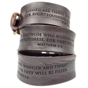 Hunger and Thirst for Righteousness Matthew 5:6 Laser-Engraved Brown Leather Scripture Bracelet with Watch Band Clasp