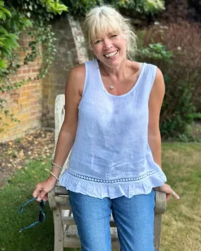 Linen Frill Sleeveless Top - White