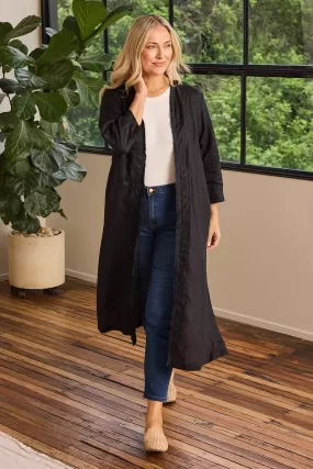 Long Line Fringed Linen Duster Jacket in Black