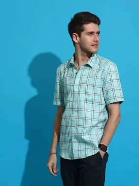 Sky blue casual check half sleeves shirt