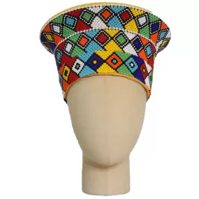 Zulu Beaded Basket Hat - Multicolored Checkered Triangle Pattern | Made in South Africa